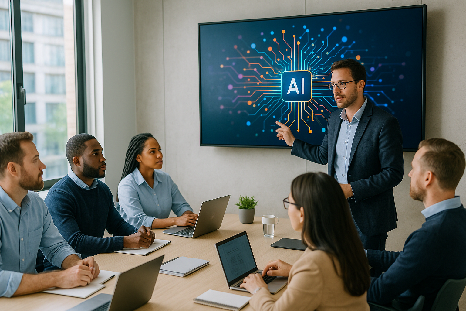 apprentissage-individuel-intelligence-artificielle.jpg Jeune professionnelle concentrée sur son ordinateur portable ; à côté d’elle, un hologramme en forme de tête stylisée met en évidence le concept d’IA et la montée en compétences individuelle.