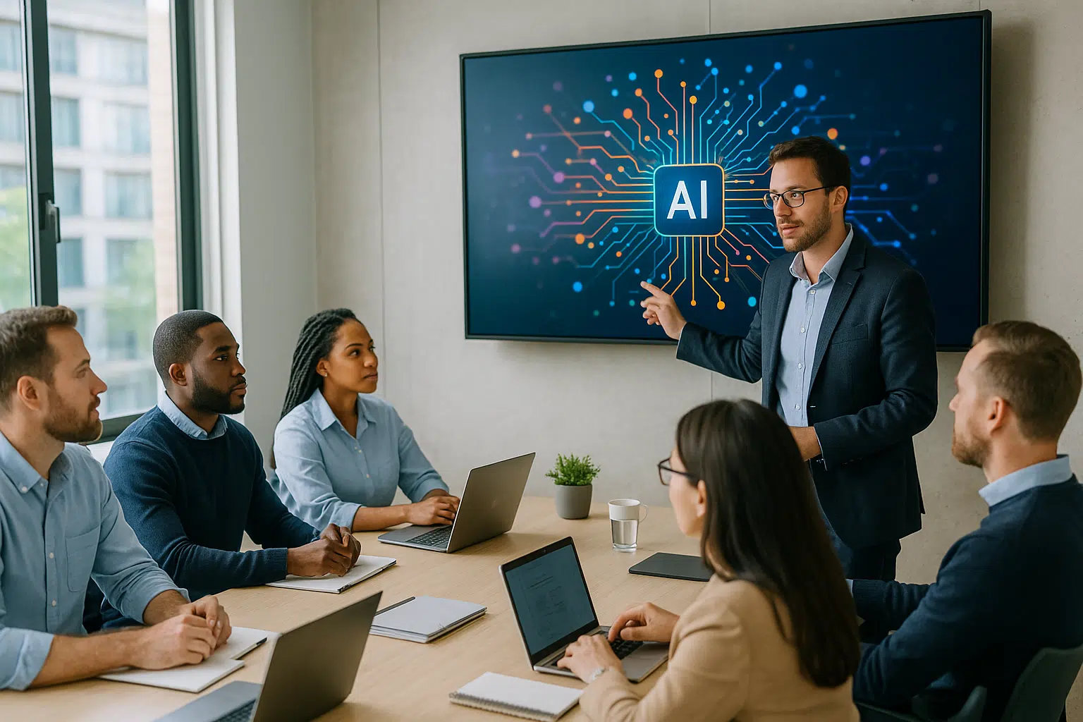 Jeune professionnelle concentrée sur son ordinateur portable ; à côté d’elle, un hologramme en forme de tête stylisée met en évidence le concept d’IA et la montée en compétences individuelle.