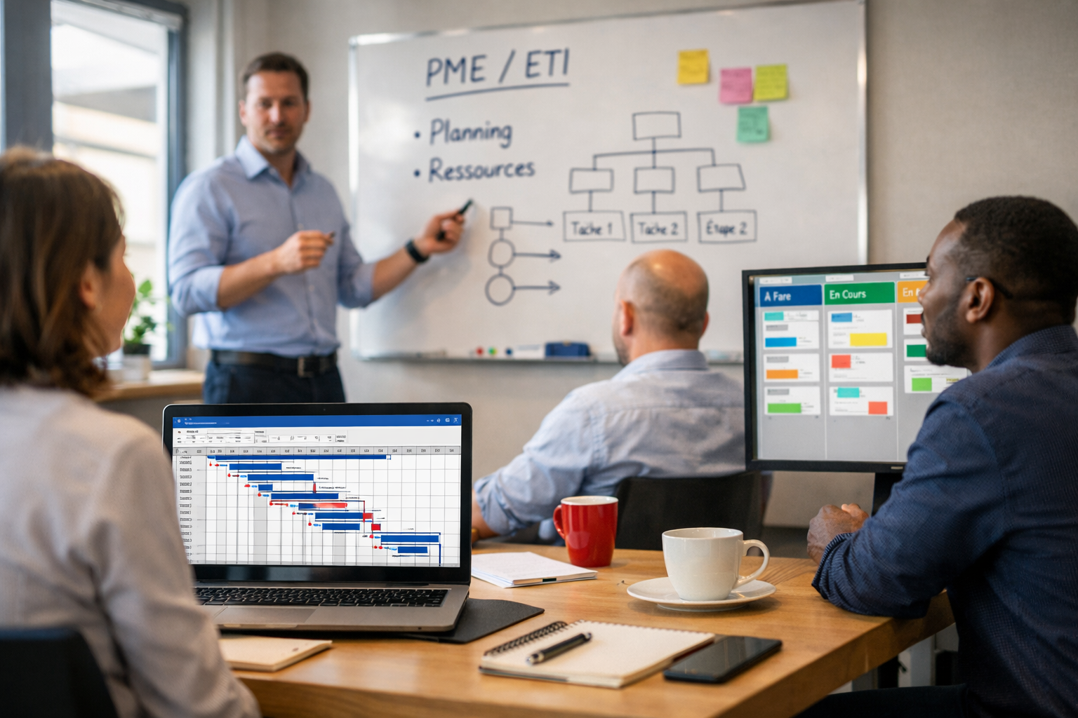 Consultant animant une réunion en bureau, avec un planning MS Project en diagramme de Gantt sur un ordinateur et un tableau Kanban affiché sur un écran, pendant que l’équipe suit la présentation.