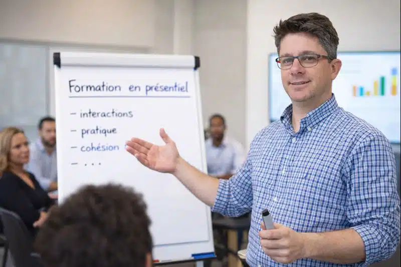 Formateur animant une formation en présentiel devant un groupe d’adultes, illustrant l’apprentissage en face à face, l’interaction et la pratique en salle de formation.